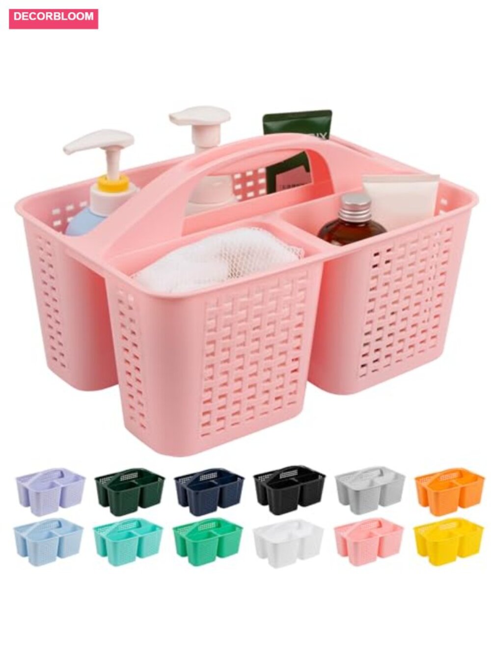 Plastic Shower Caddy with Handle, 3 Compartments, Drainage Holes, Bathroom